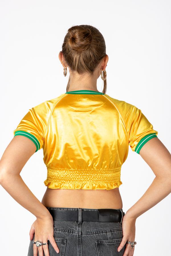 Liquor & Poker Yellow Ruched Varsity Cropped Tee