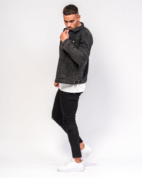 Liquor & Poker Logan Skinny Stretch Jeans In Light Black Twill With Ripped Knees