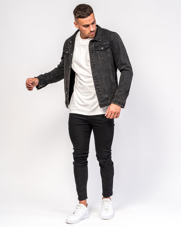 Liquor & Poker Logan Skinny Stretch Jeans In Light Black Twill With Ripped Knees