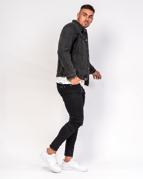 Liquor & Poker Logan Skinny Stretch Jeans In Light Black Twill With Ripped Knees