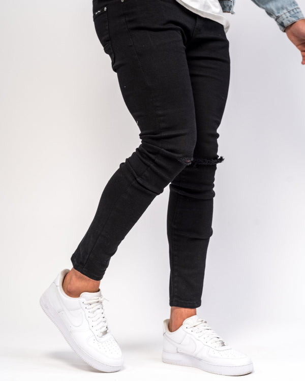 liquor & poker Logan Skinny Stretch Jeans In Light Black Twill With Ripped Knees