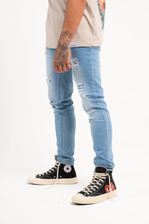 Liquor & Poker Logan Stretch Skinny Distressed Denim In Indigo Stonewash