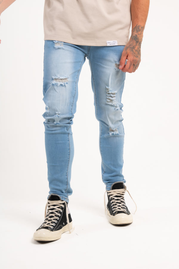 liquor & poker Logan Stretch Skinny Distressed Denim In Indigo Stonewash