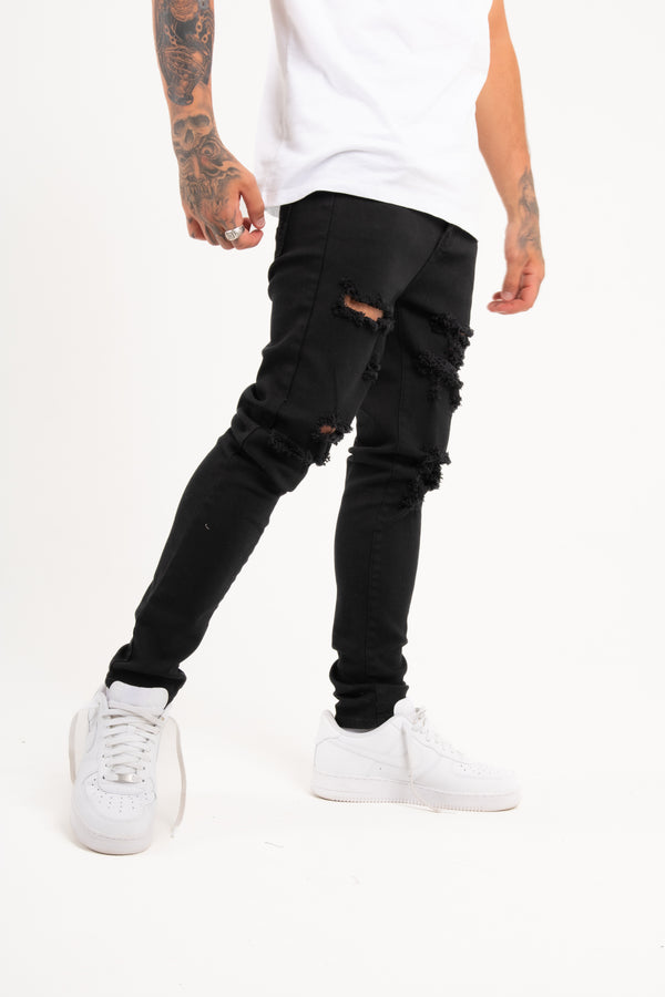 liquor & poker Logan Stretch Skinny Fit Jeans With Rips In Black