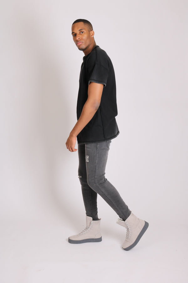 Liquor & Poker Logan Stretch Skinny Jeans In Washed Black With Distressing