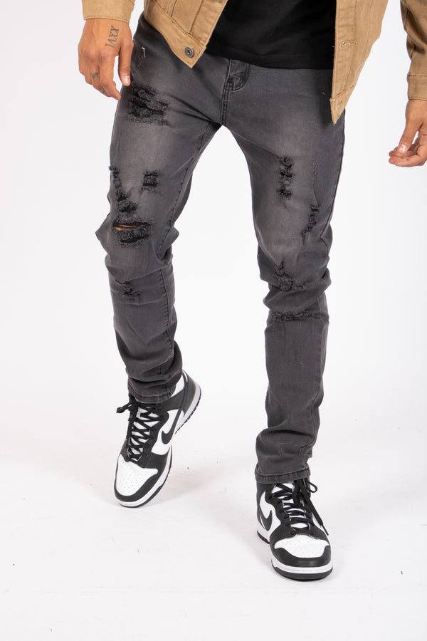 Liquor & Poker Logan Washed Charcoal Skinny Fit Jeans With Rips