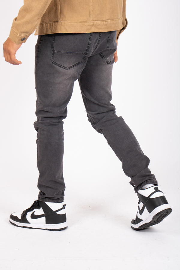 Liquor & Poker Logan Washed Charcoal Skinny Fit Jeans With Rips