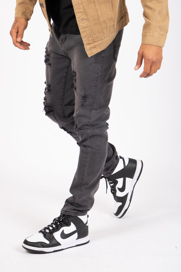 liquor & poker Logan Washed Charcoal Skinny Fit Jeans With Rips