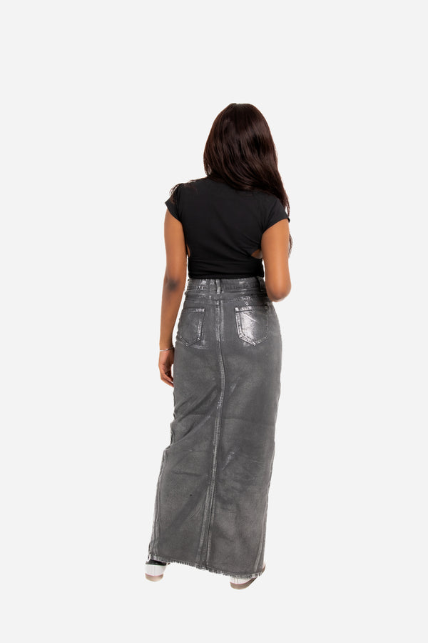 Liquor & Poker Maxi-Length Metallic Silver Split Skirt