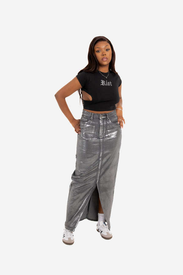 Liquor & Poker Maxi-Length Metallic Silver Split Skirt