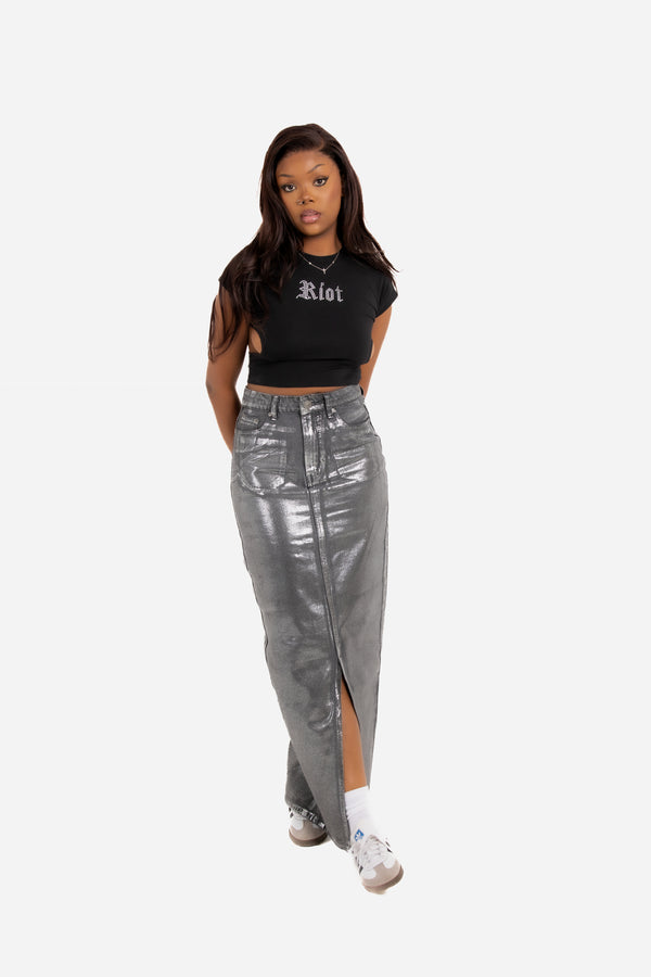 Liquor & Poker Maxi-Length Metallic Silver Split Skirt