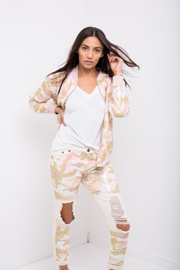 Liquor & Poker Midori Boyfriend Jean In Ecru Twill With Pink Camo Sequin