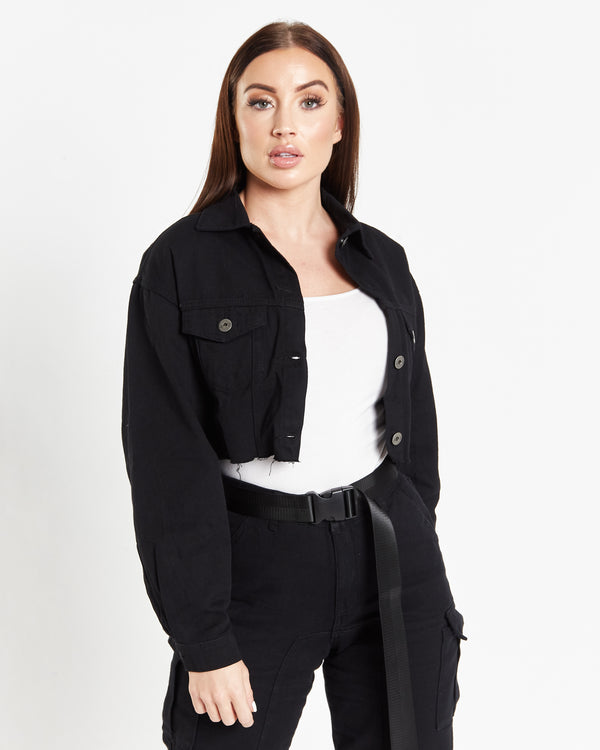 liquor & poker Milton Cropped Denim Jacket In Black Denim