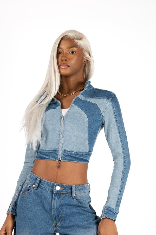 Liquor & Poker Multi Blue Denim Contrast Panel Crop Denim Jacket