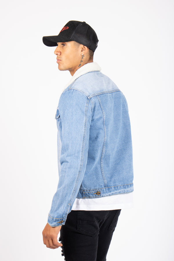 Liquor & Poker Norton Borg Collar Denim Jacket In Stonewash