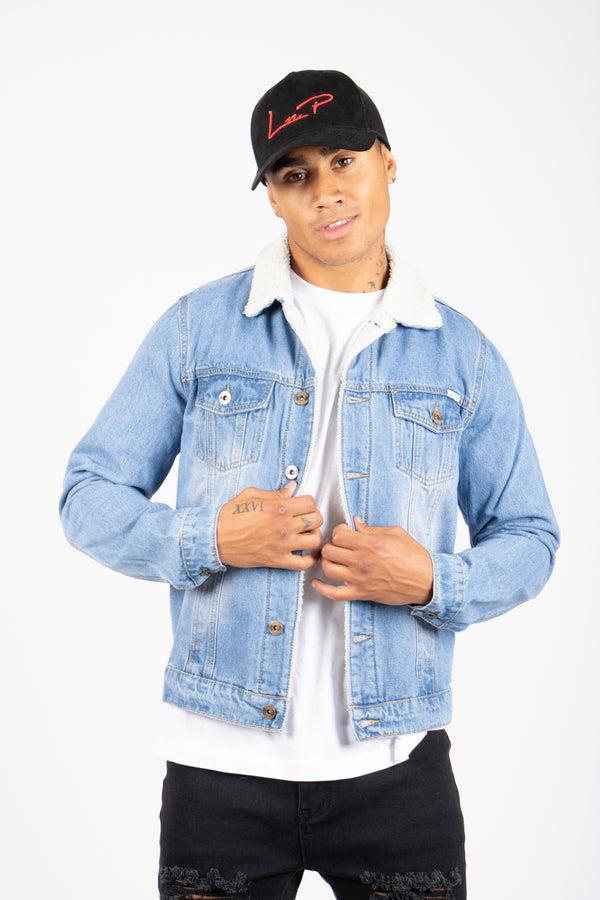 Liquor & Poker Norton Borg Collar Denim Jacket In Stonewash