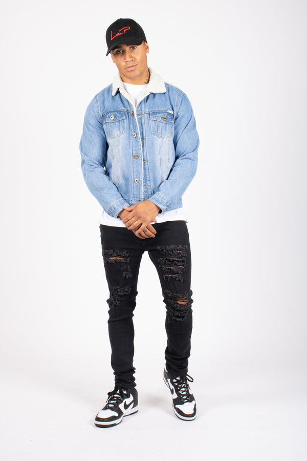 Liquor & Poker Norton Borg Collar Denim Jacket In Stonewash