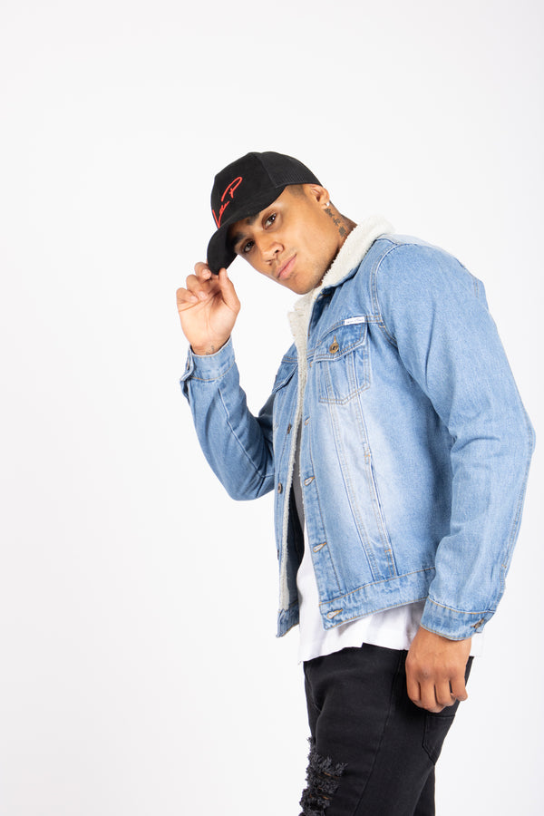 liquor & poker Norton Borg Collar Denim Jacket In Stonewash