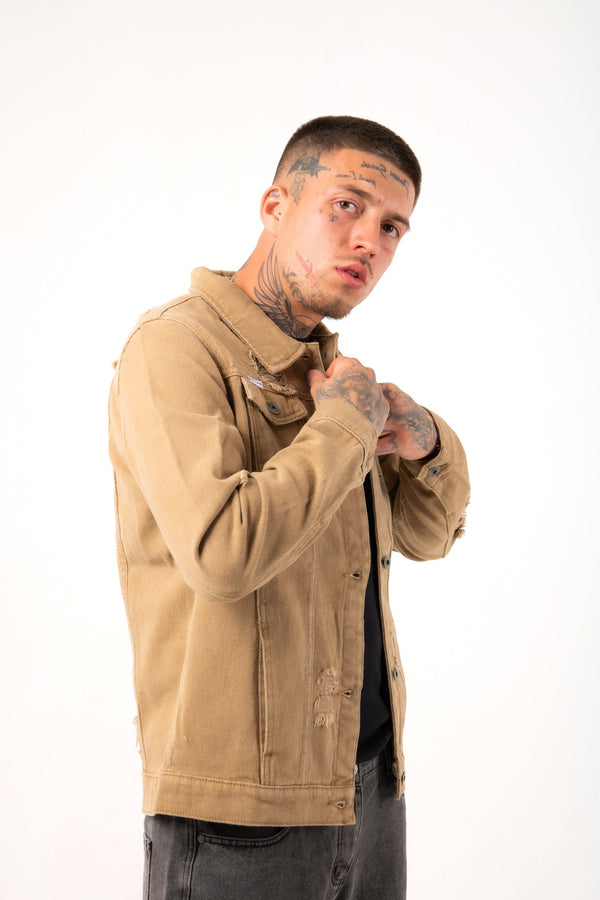 Liquor & Poker Norton Denim Jacket In Tan With Distressing