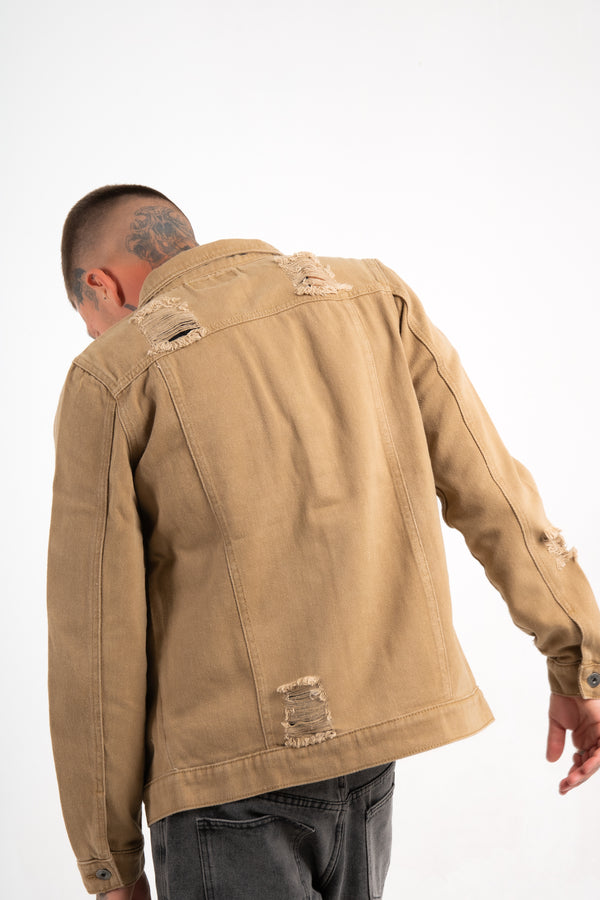 Liquor & Poker Norton Denim Jacket In Tan With Distressing