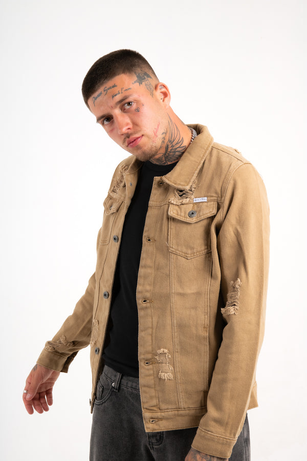 liquor & poker Norton Denim Jacket In Tan With Distressing