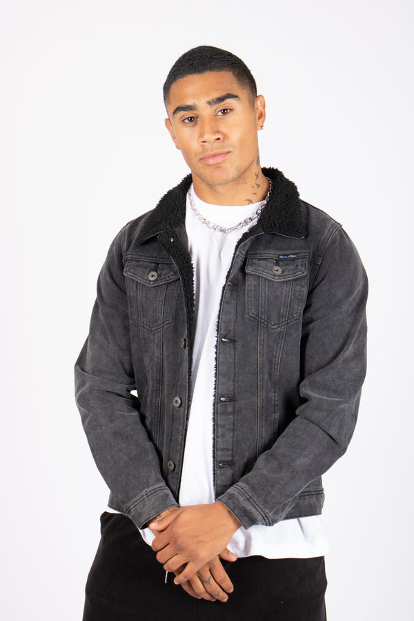 Liquor & Poker Norton Slim Fit Denim Jacket With Borg Collar In Washed Black