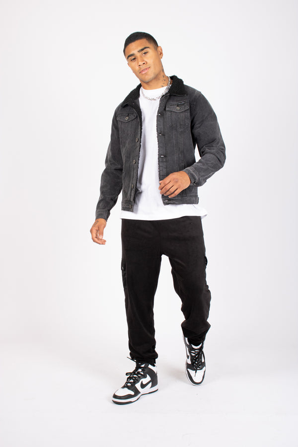 Liquor & Poker Norton Slim Fit Denim Jacket With Borg Collar In Washed Black