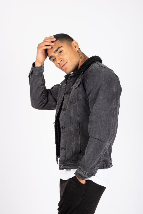 liquor & poker Norton Slim Fit Denim Jacket With Borg Collar In Washed Black