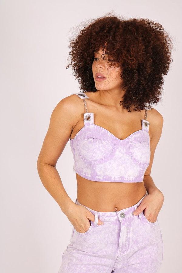 Liquor & Poker Outta Limit Denim Crop Top In Lilac Acid Wash