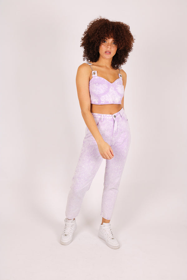 Liquor & Poker Outta Limit Denim Crop Top In Lilac Acid Wash