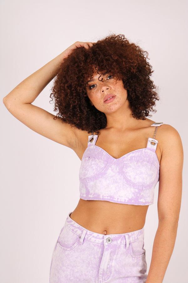 liquor & poker Outta Limit Denim Crop Top In Lilac Acid Wash