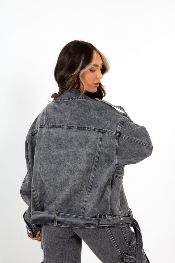 Liquor & Poker Oversized Acid Wash Black Denim Biker Jacket