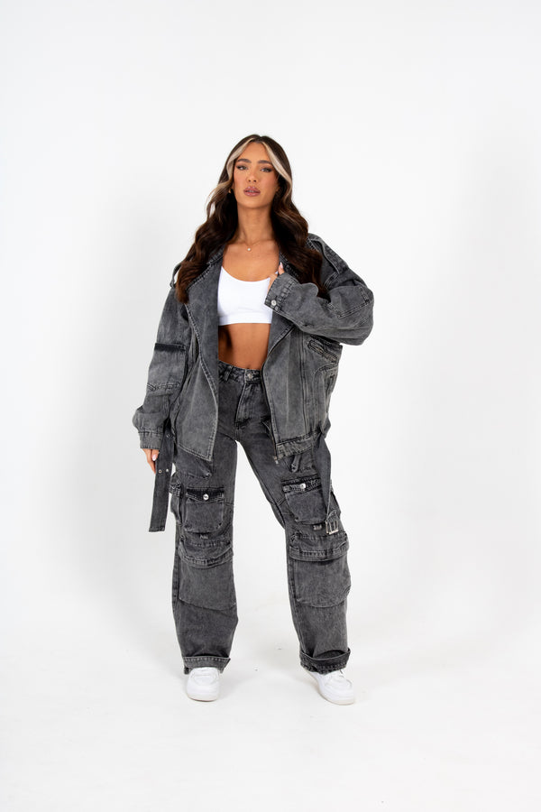 Liquor & Poker Oversized Acid Wash Black Denim Biker Jacket