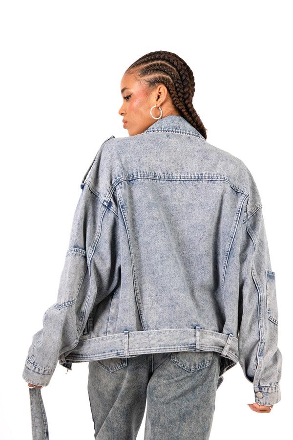 Liquor & Poker Oversized Acid Wash Blue Denim Biker Jacket
