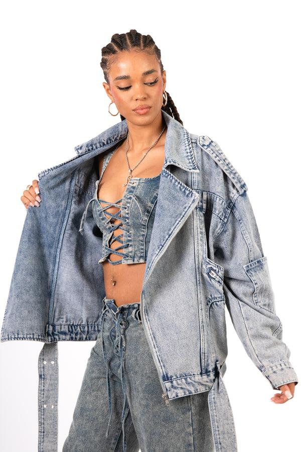 Liquor & Poker Oversized Acid Wash Blue Denim Biker Jacket