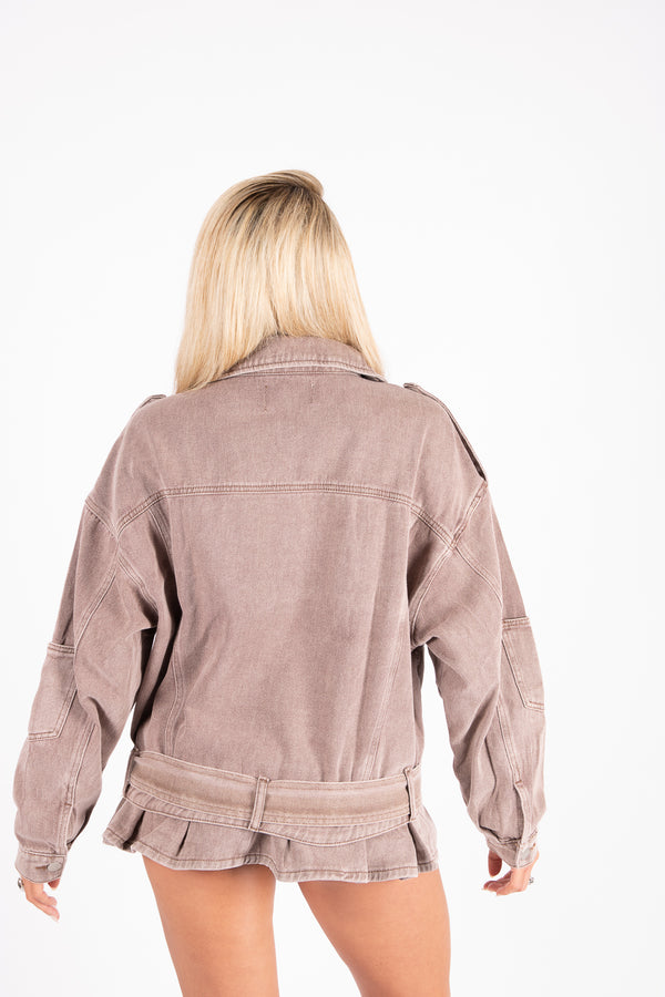 Liquor & Poker Oversized Acid Wash Brown Denim Biker Jacket