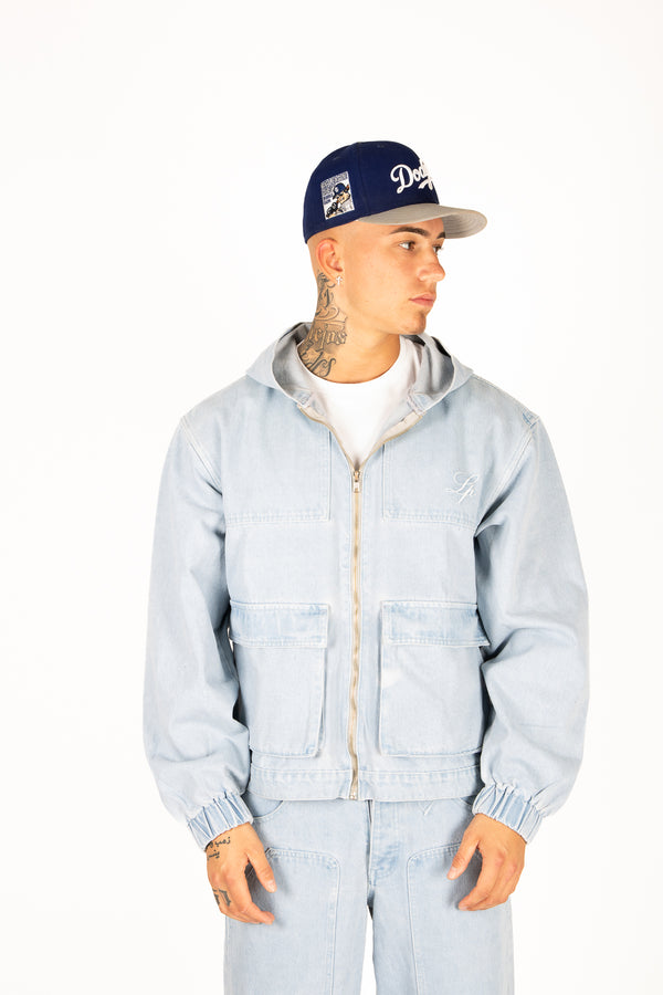 liquor & poker Oversized Bleach Wash Denim Hooded Jacket