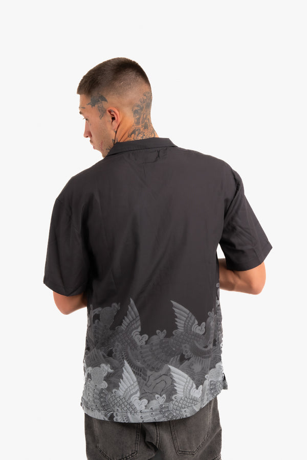 Liquor & Poker Oversized Boxy Shirt With Ombre Japanese Bird Print