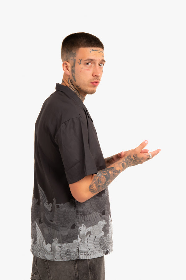 Liquor & Poker Oversized Boxy Shirt With Ombre Japanese Bird Print