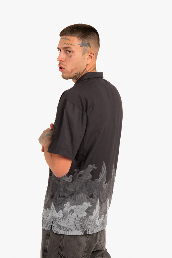 Liquor & Poker Oversized Boxy Shirt With Ombre Japanese Bird Print