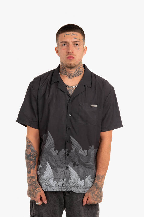 liquor & poker Oversized Boxy Shirt With Ombre Japanese Bird Print