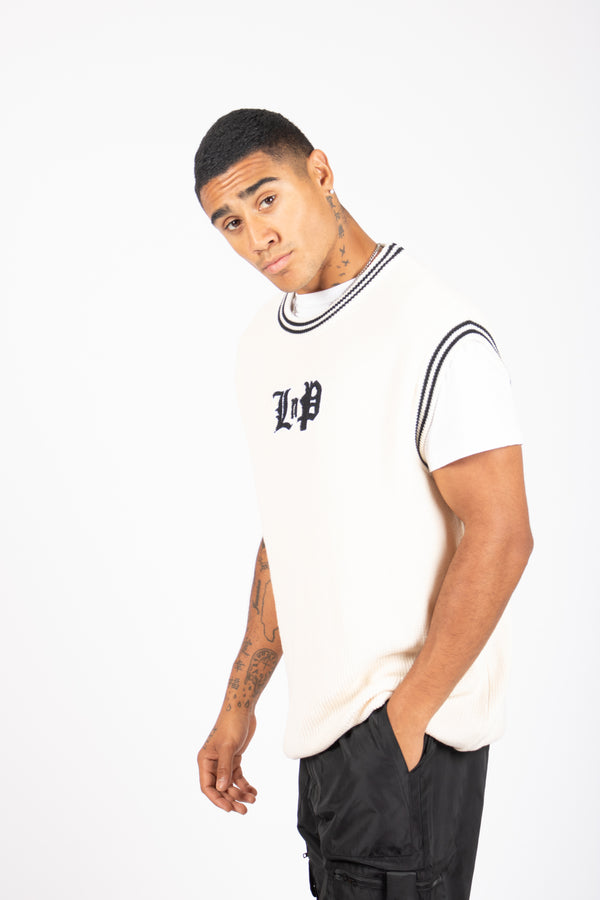 Liquor & Poker Oversized Cream Varsity Knitted Sleeveless Sweater