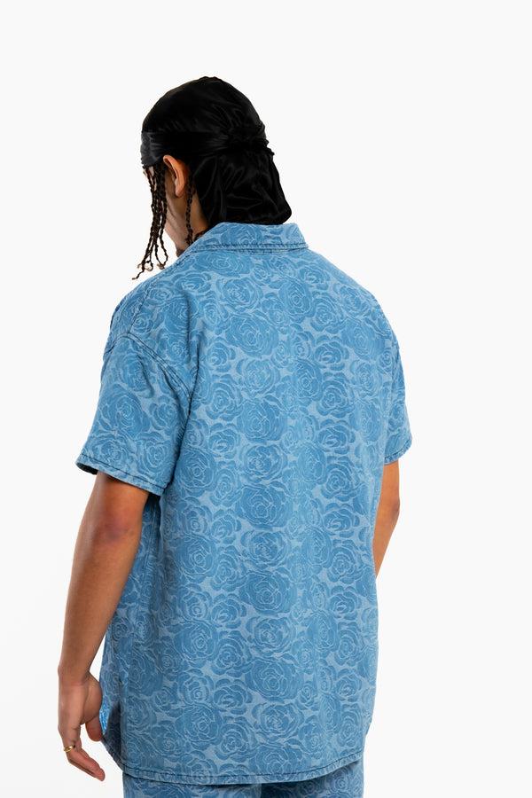 Liquor & Poker Oversized Floral Textured Jacquard Denim Revere Collar Shirt