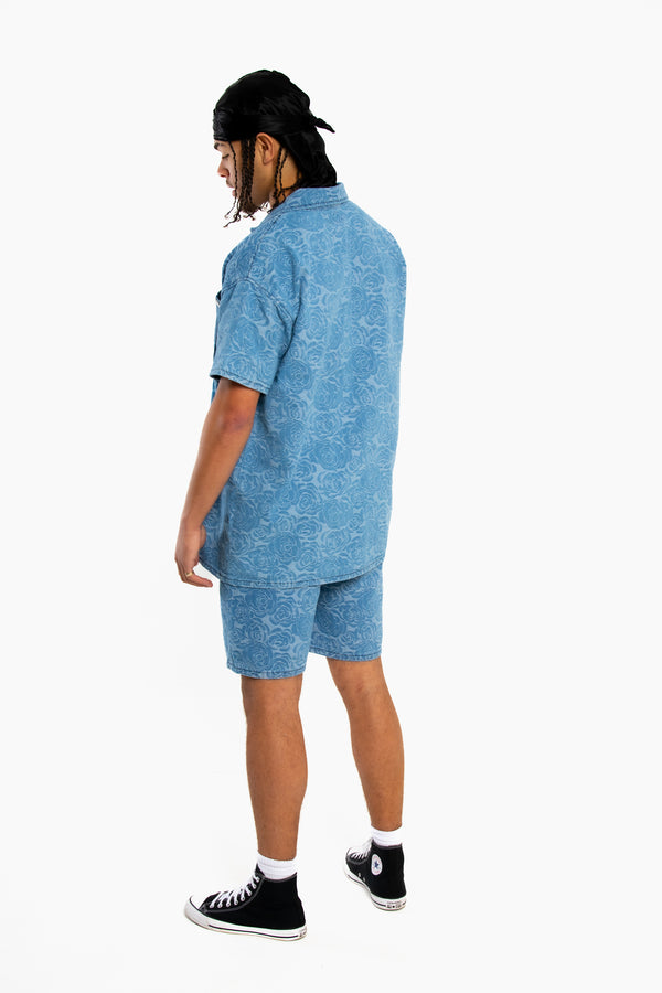 Liquor & Poker Oversized Floral Textured Jacquard Denim Revere Collar Shirt