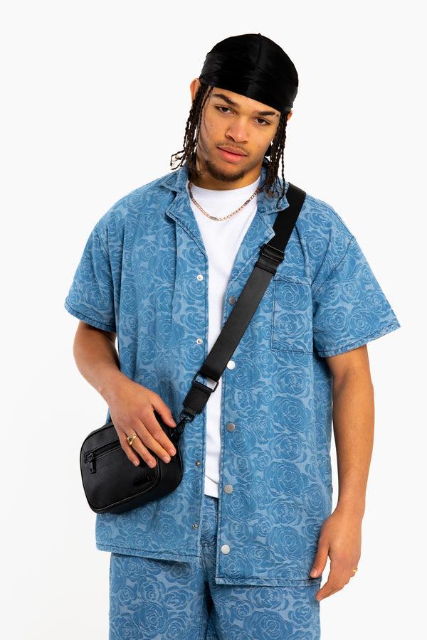 liquor & poker Oversized Floral Textured Jacquard Denim Revere Collar Shirt