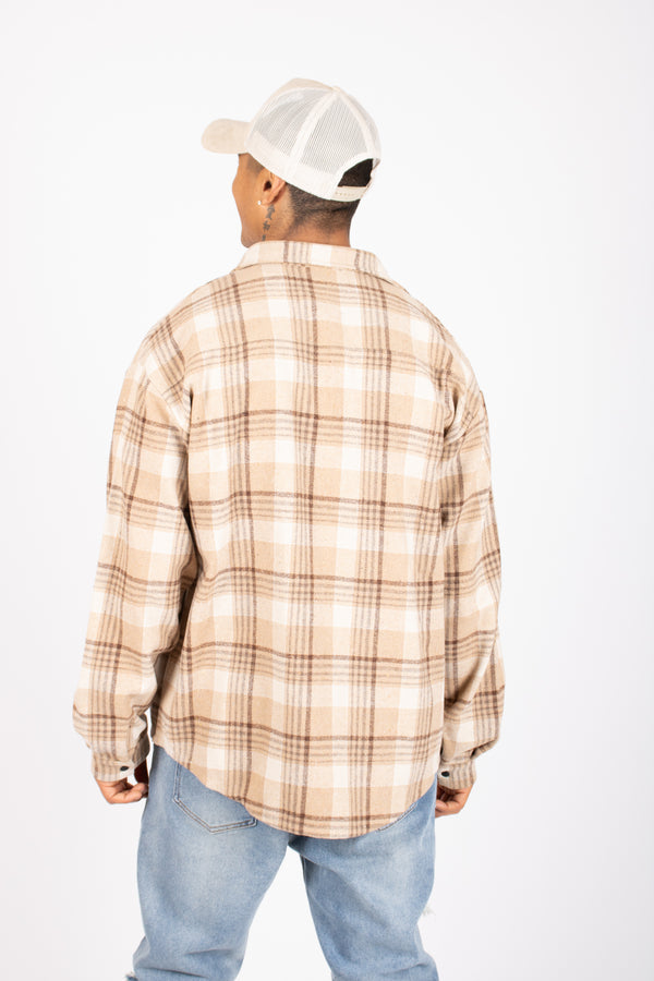 Liquor & Poker Oversized Long Sleeve Flannel Shirt In Stone