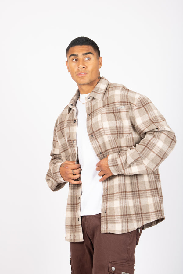 Liquor & Poker Oversized Long Sleeve Stone Flannel Shirt