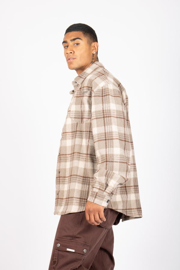 Liquor & Poker Oversized Long Sleeve Stone Flannel Shirt