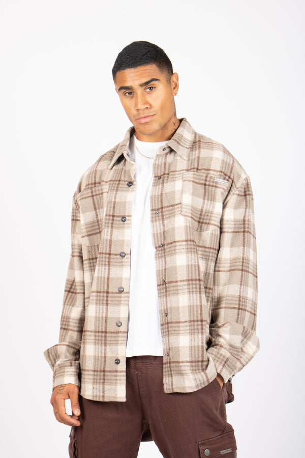 liquor & poker Oversized Long Sleeve Stone Flannel Shirt