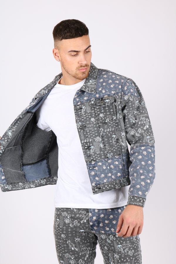 Liquor & Poker Oversized Trucker Jacket In Black Floral And Blue Paisley Splicing